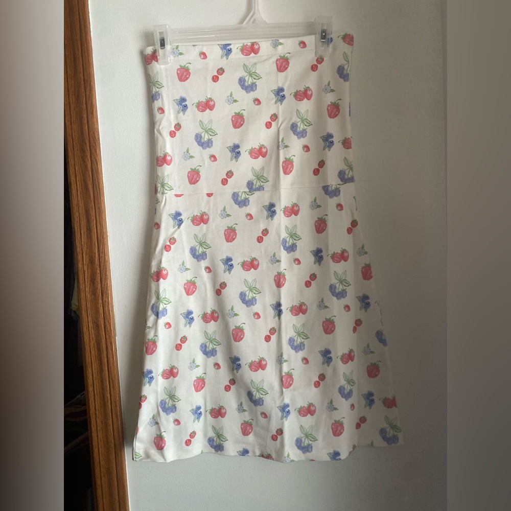 Djerf Avenue White Strawberry & Blue Floral Strapless Dress